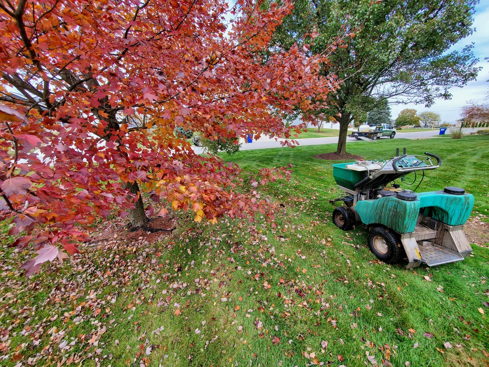 GreenWorks spreader equipment parked on a lawn under a maple tree in fall color